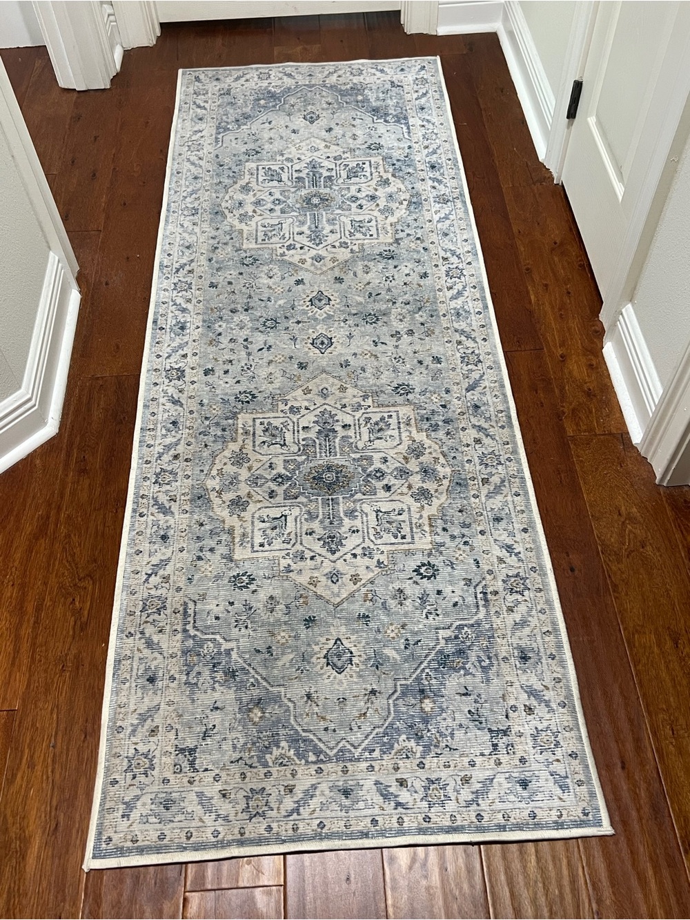 Soft Blue and Ivory Runner Rug with Medallion Motif